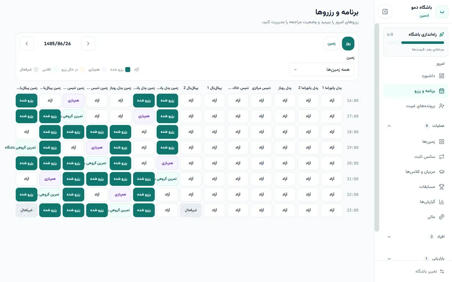 The club's booking grid, where reception works all day